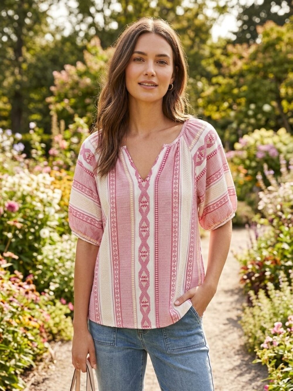 DYLAN Anthropologie Pink/Cream Bohemian Split V-Neck Top sz S